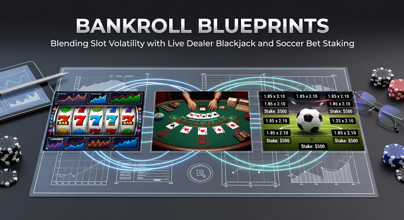 Live dealer blackjack-tafel met kaarten en fiches, naast een bankroll-tracker die stabiele groei toont tijdens een sessie