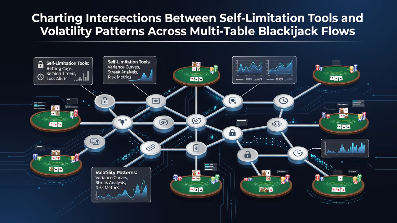 Grafiek die zelflimiettools en volatiliteitspatronen in multi-table blackjack toont