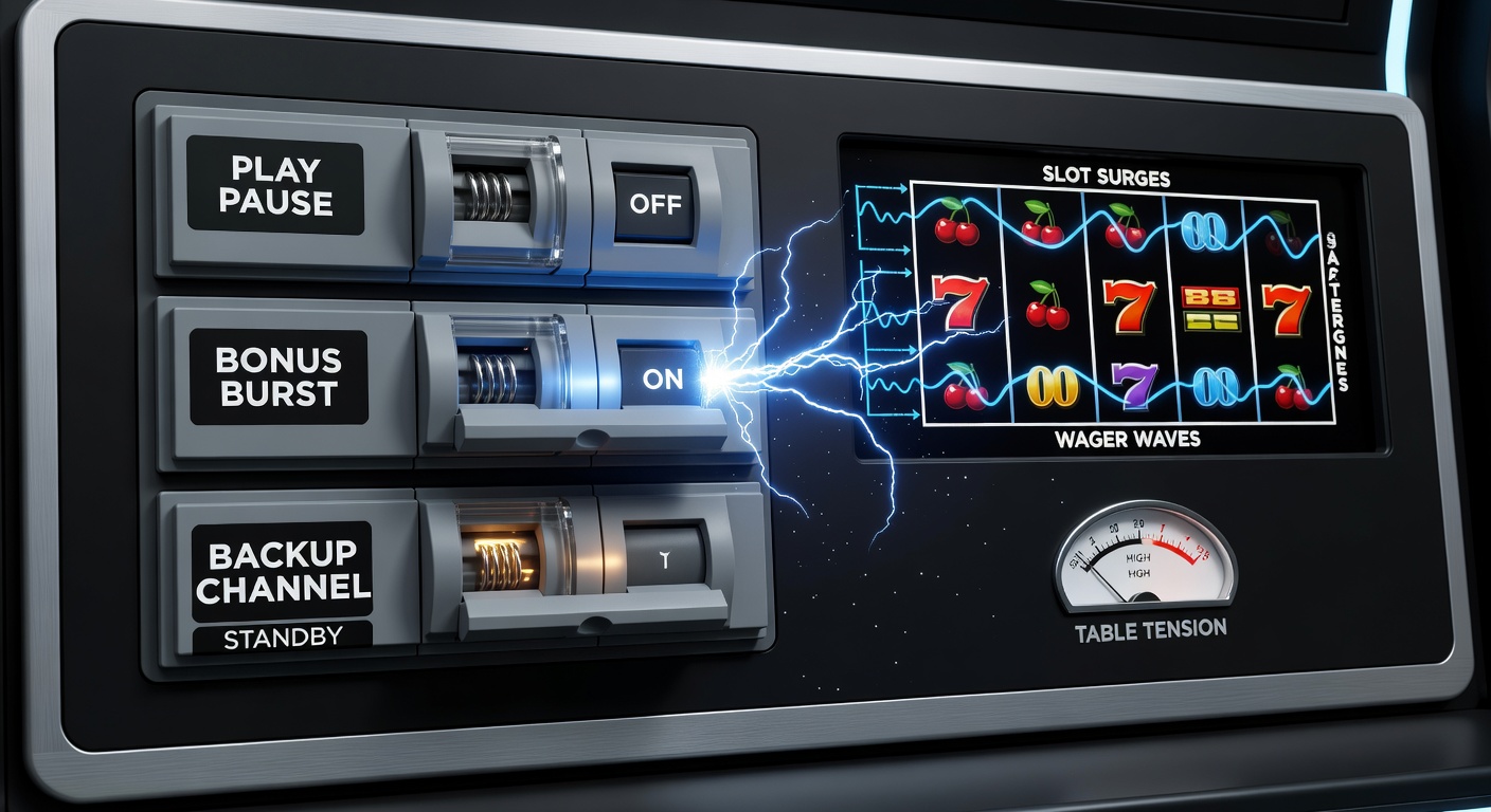 Grafiek met golvende lijnen die slotpieken, live tafelspanning en weddenschapsstromen tonen, gestabiliseerd door circuit breakers zoals pauzes en bonuses