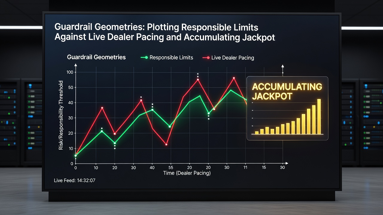 Grafiek die live dealer pacing koppelt aan jackpot meter groei met verantwoordelijke limiet lijnen