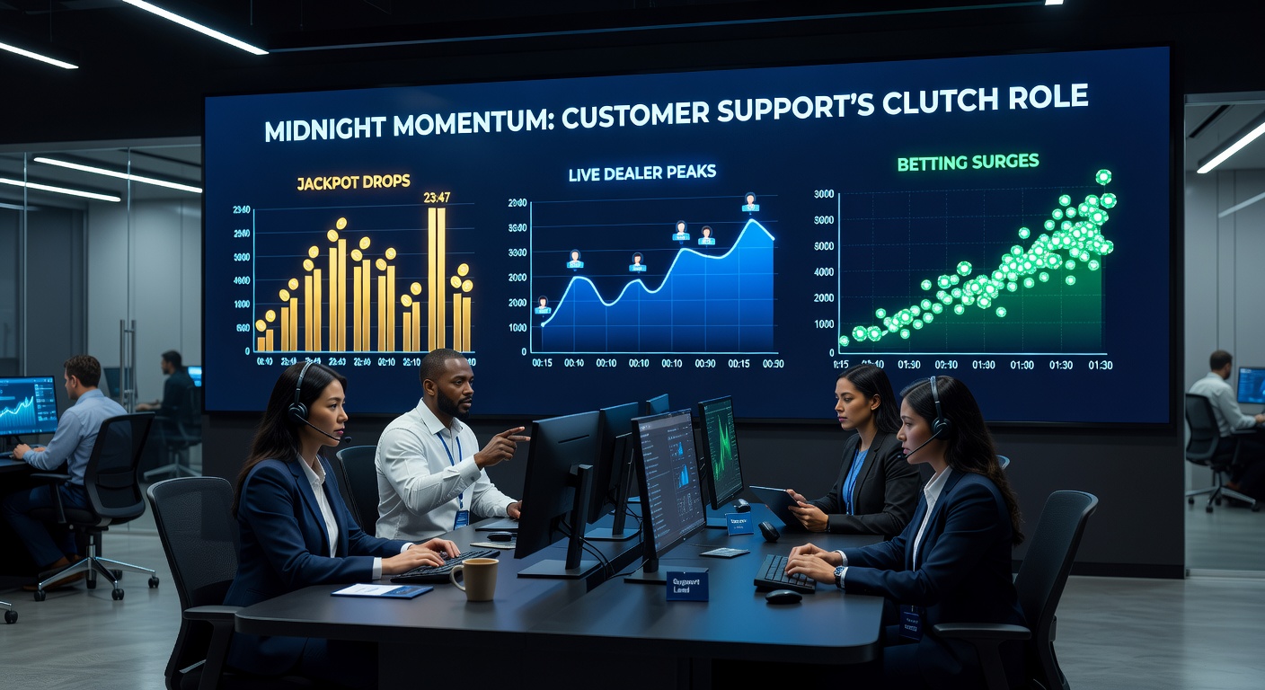 Middernachtelijke klok met gloeiende jackpot-schermen en actieve chatvensters die de nachtelijke supportdrukte illustreren