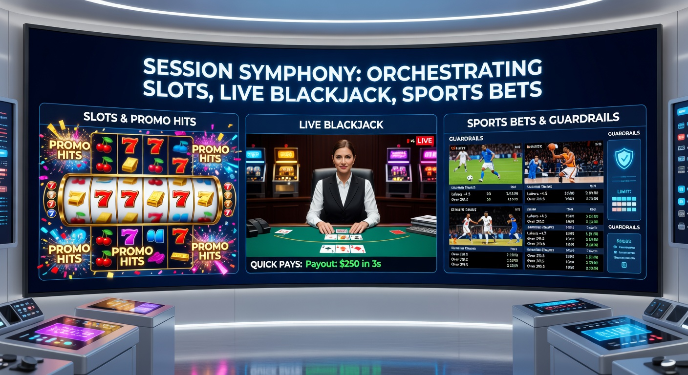 Een dynamische weergave van een geïntegreerde gok sessie met slots, blackjack tafels en sportweddenschappen, verlicht door promo lichten en veiligheidsindicatoren