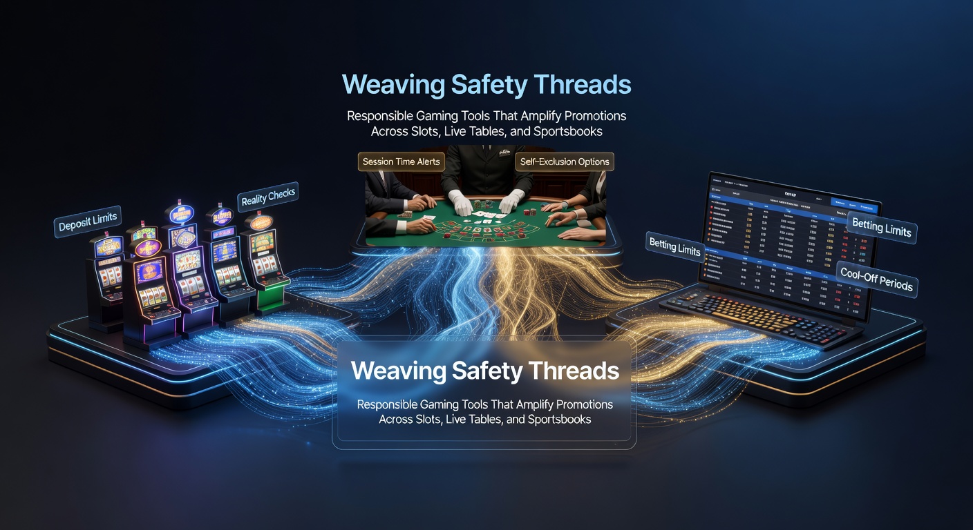 Grafiek met verstrengelde draden die slots, live tafels en sportsbooks verbinden met responsible gaming iconen zoals sloten en timers