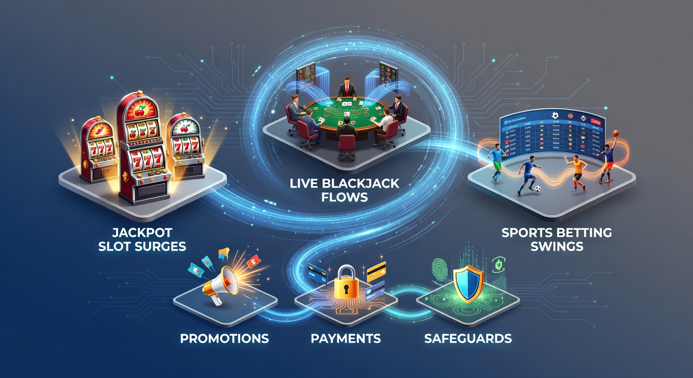 Dynamische weergave van jackpot slots, live blackjack tafels en sportweddenschappen in harmonieuze beweging, met overlay van promoties en veiligheidsiconen